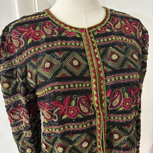 Vtg Beaded Embroidered Evening Formal Jacket Sz M / L Whimsigoth Black Red Green - Picture 2 of 14